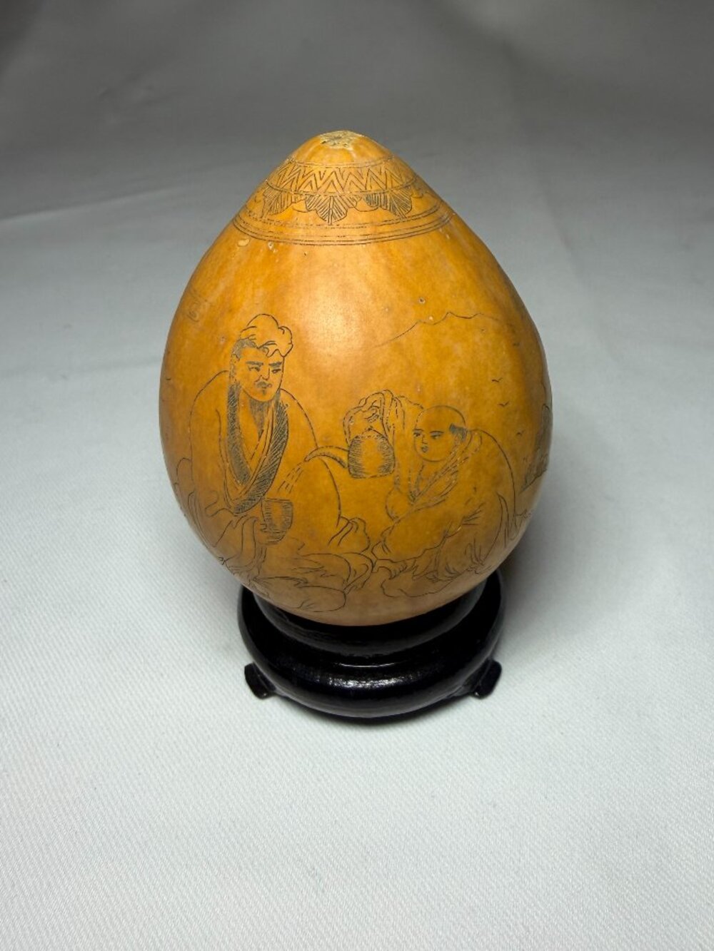 Vtg Chinese Lanzhou Hand-Etched Calabash Gourd Art Wooden Stand Scholars EUC